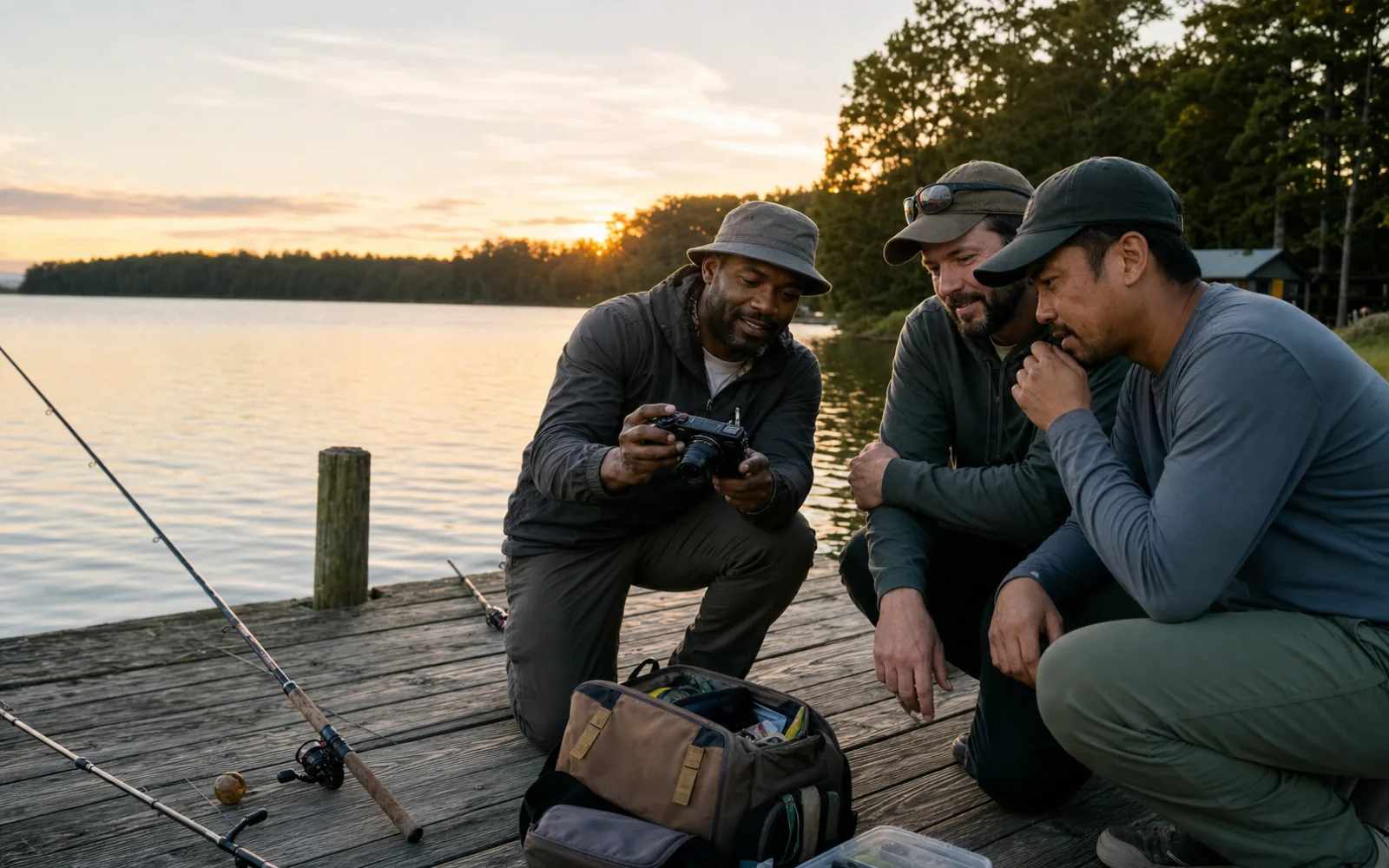 Friends reviewing a fishing photo together on a lakeside dock