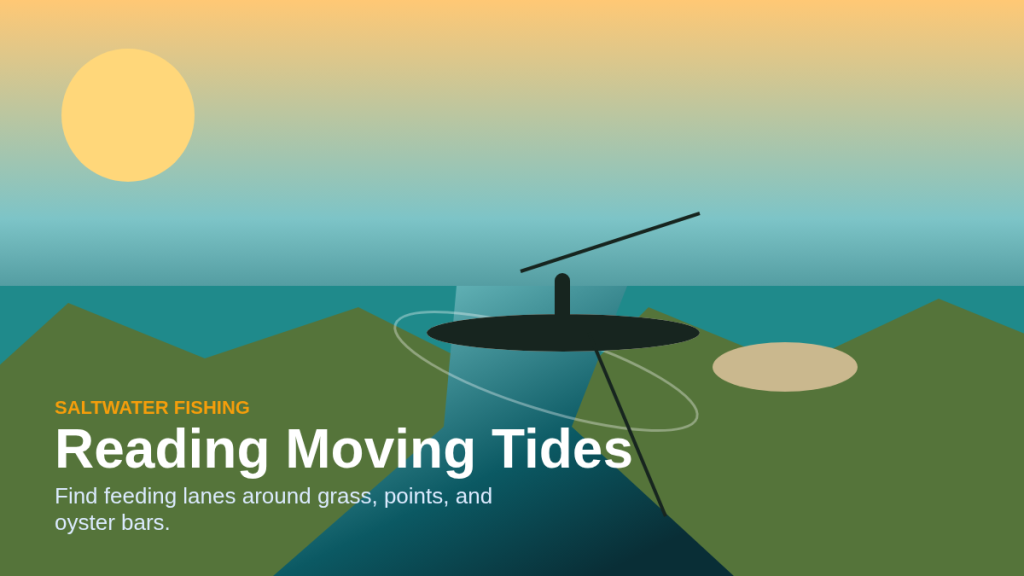 Illustration of an inshore angler fishing a moving tide seam near grass points and oyster bars.