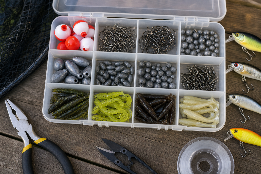 Beginner fishing tackle box with hooks, sinkers, soft plastics, and tools arranged neatly