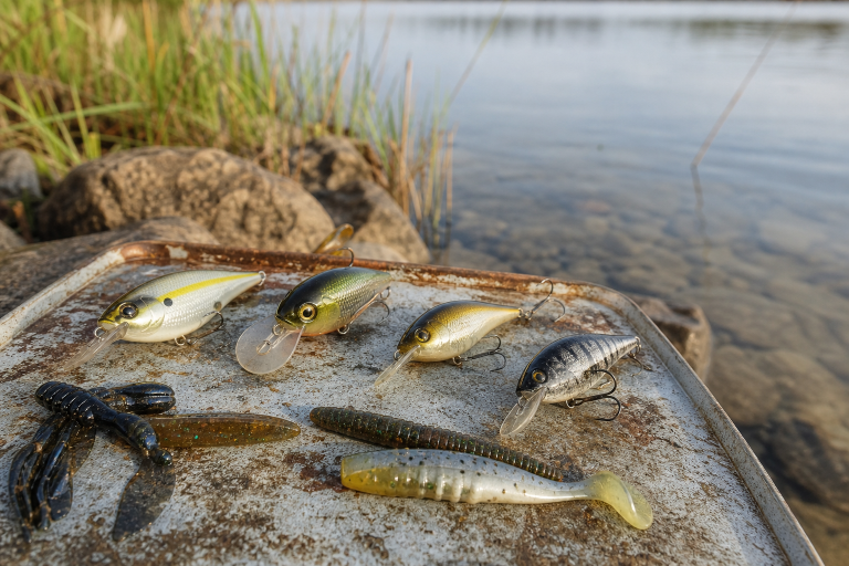Spring bass fishing lures near shallow lake water in morning light