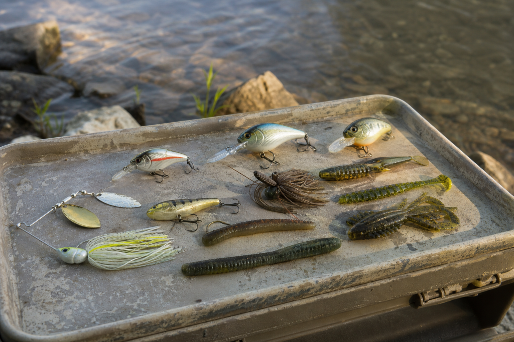 Assorted bass lures including crankbaits, soft plastics, and spinnerbaits