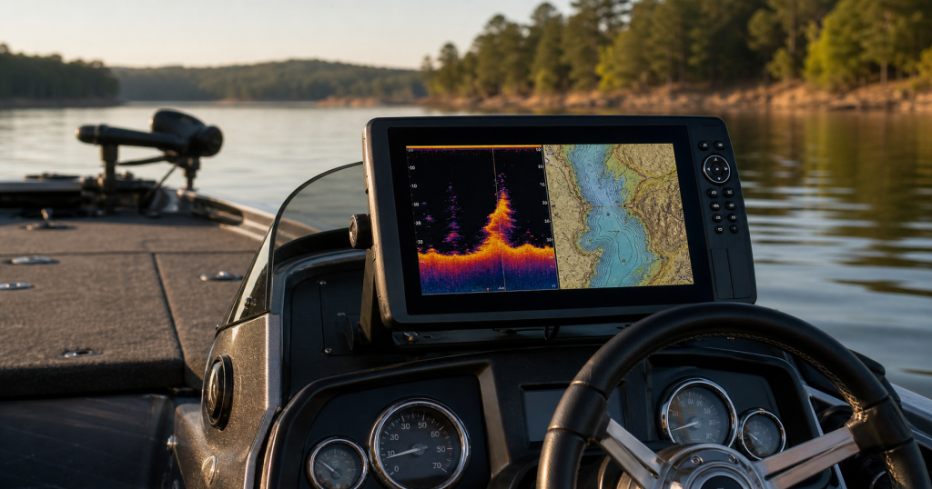 Fish finder on a bass boat console showing generic sonar and lake map views on a reservoir