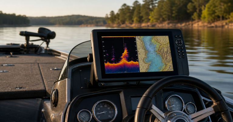 Fish finder on a bass boat console showing generic sonar and lake map views on a reservoir