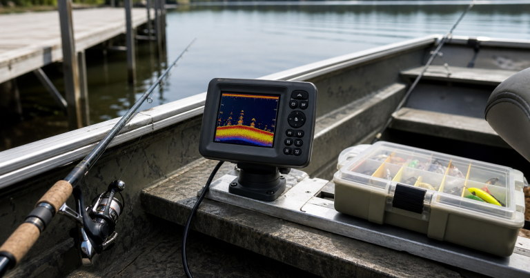 Compact budget fish finder mounted on a small fishing boat near freshwater tackle