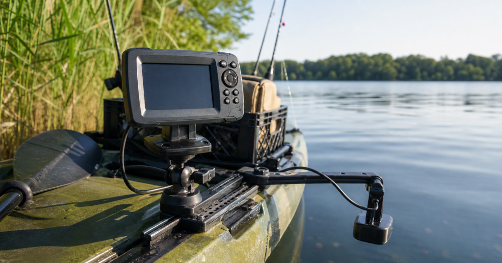 Compact fish finder mounted on a fishing kayak rail beside reeds on a freshwater lake