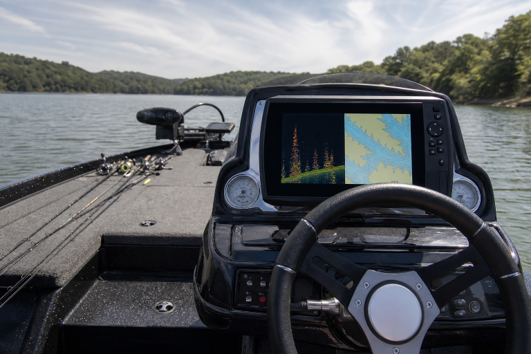 Bass boat console with generic fish finder showing sonar and lake map