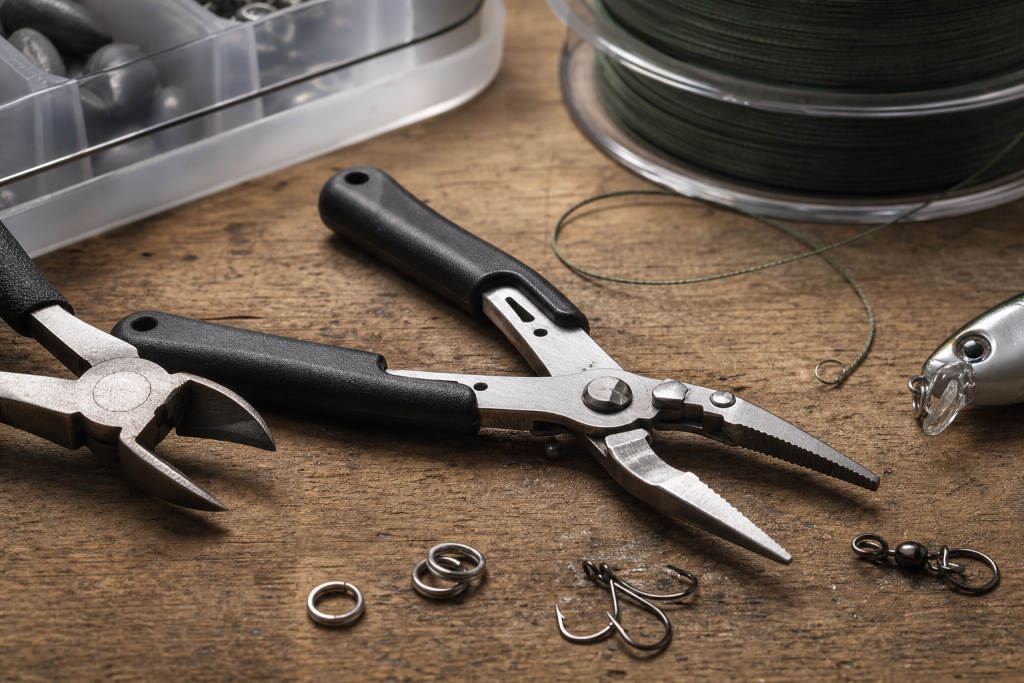Fishing pliers and line cutters on a tackle bench with hooks and braided line