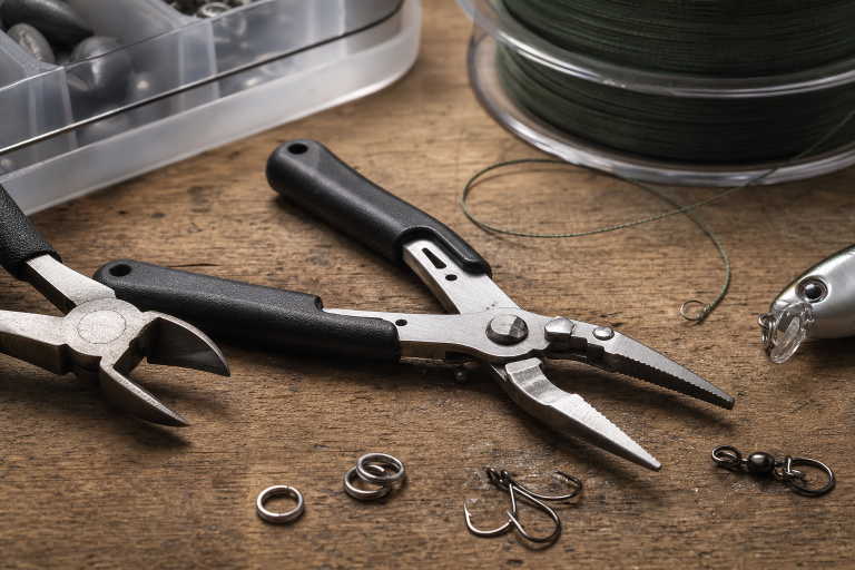 Fishing pliers and line cutters on a tackle bench with hooks and braided line