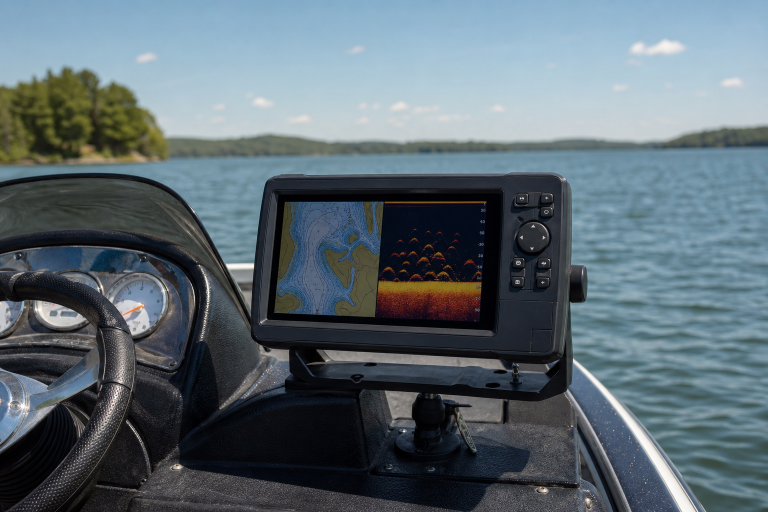 Premium generic nine inch fish finder on a bass boat console with mapping and sonar