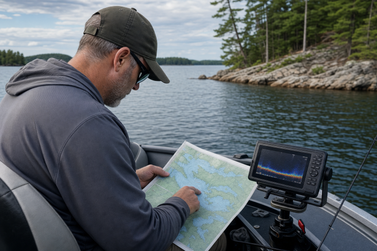 Angler planning a half-day recon trip on a new lake with map and electronics