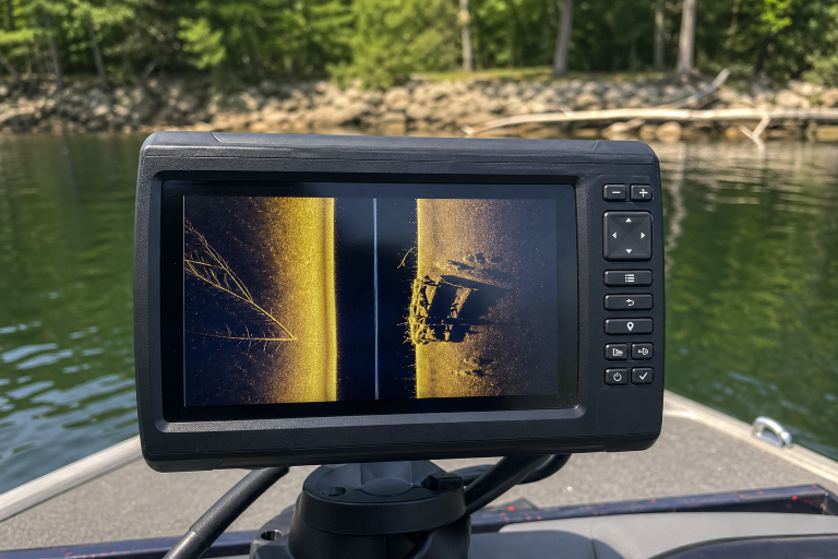 Generic seven inch fish finder showing side imaging sonar on a fishing boat