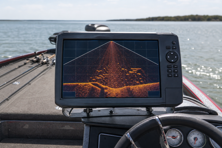 Generic forward-facing sonar fish finder display on a bass boat