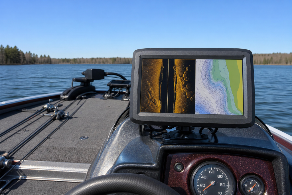 Generic nine inch fish finder with mapping and sonar on a bass boat console