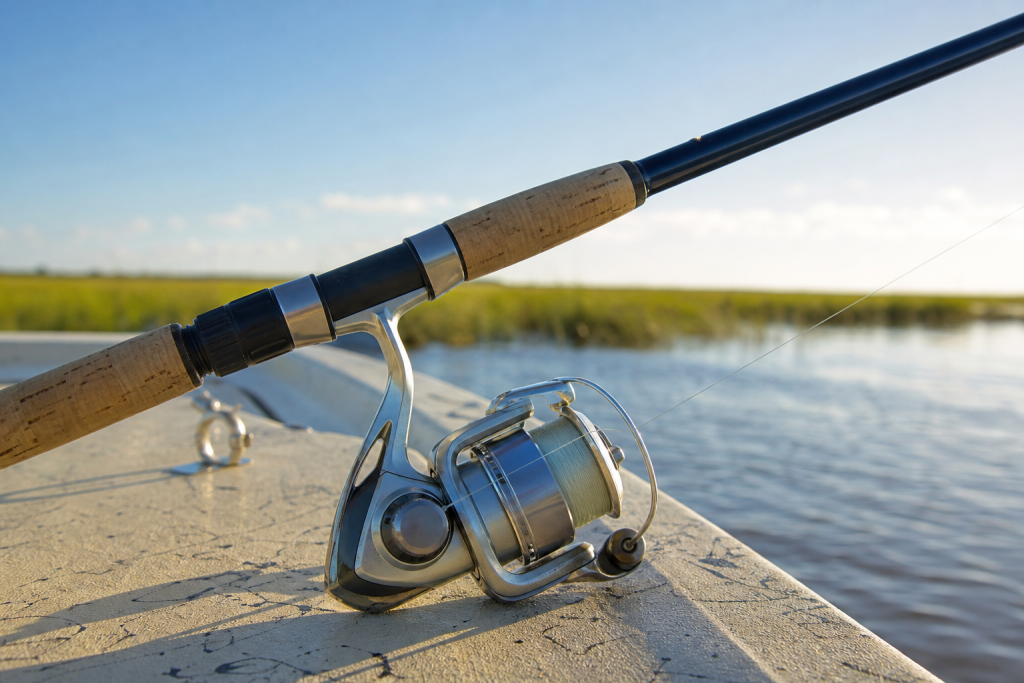 Inshore saltwater spinning setup on a skiff near marsh flats