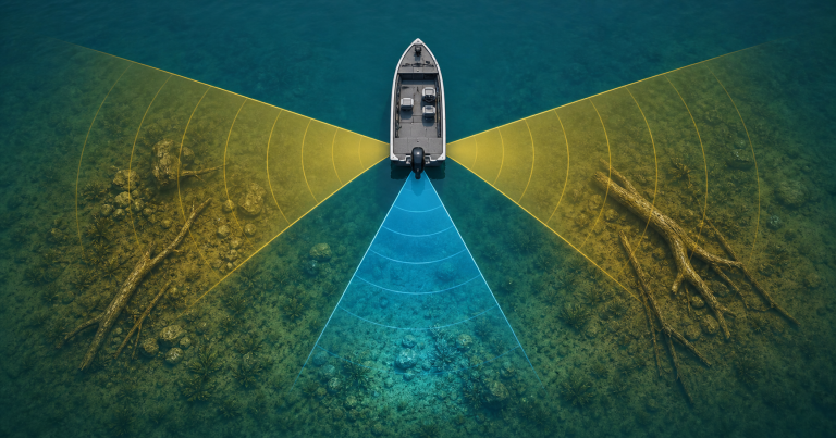 Educational sonar beam illustration showing a boat with down imaging and side imaging coverage