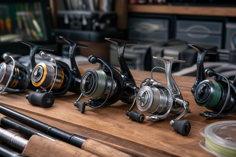 Generic spinning reels arranged on a wooden tackle bench for a gear review