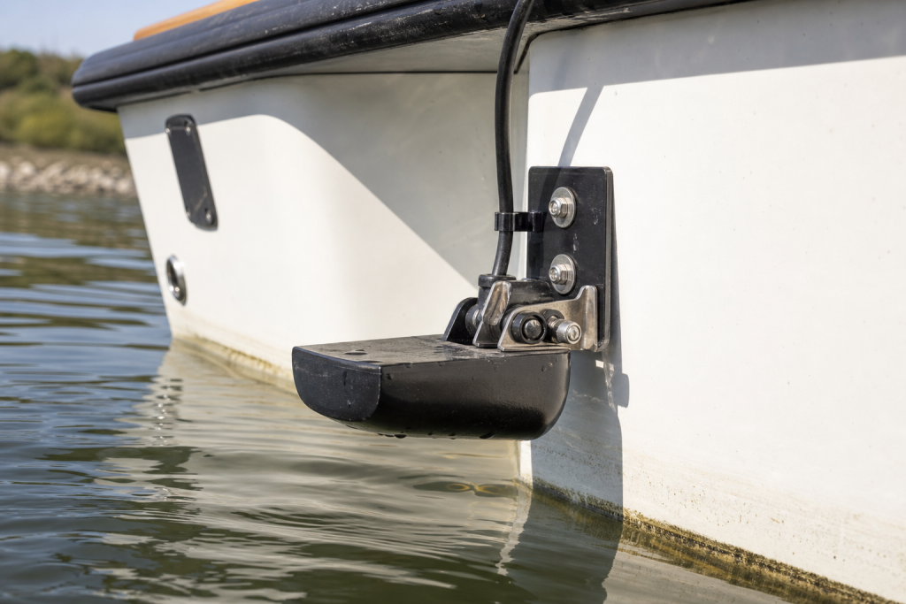 Fish finder transducer mounted on a boat transom at the waterline