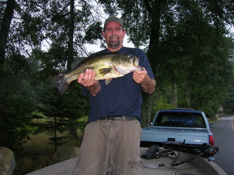 Angler holding a largemouth bass after fishing on freshwater