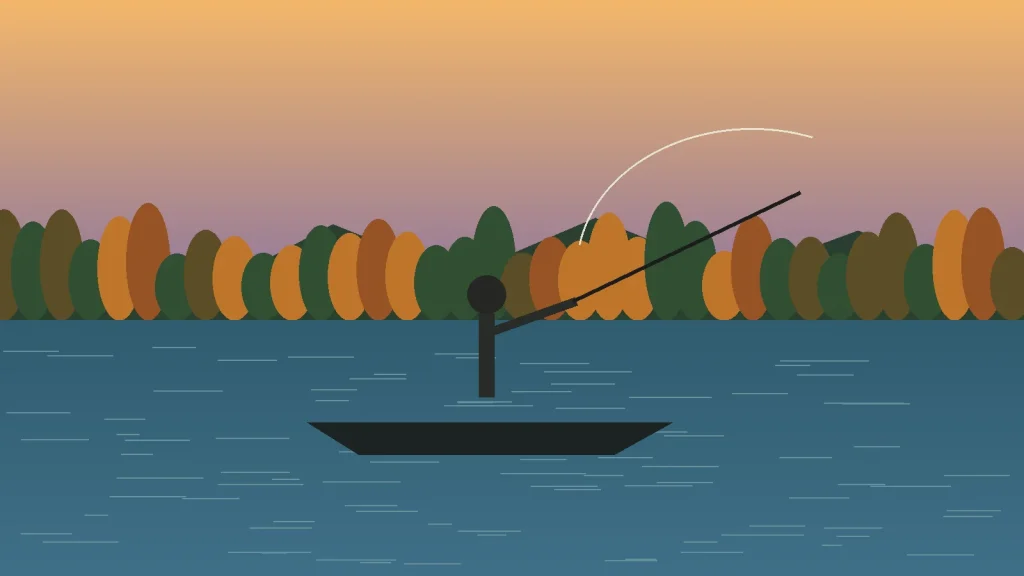 Angler fishing from a boat at sunrise