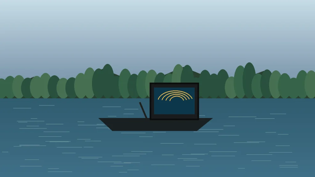 Bass boat electronics screen displaying a stylized side-imaging view on a reservoir
