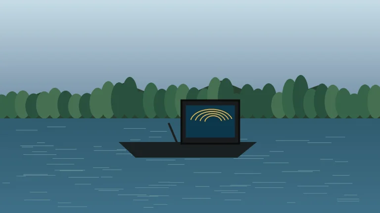 Bass boat electronics screen displaying a stylized side-imaging view on a reservoir