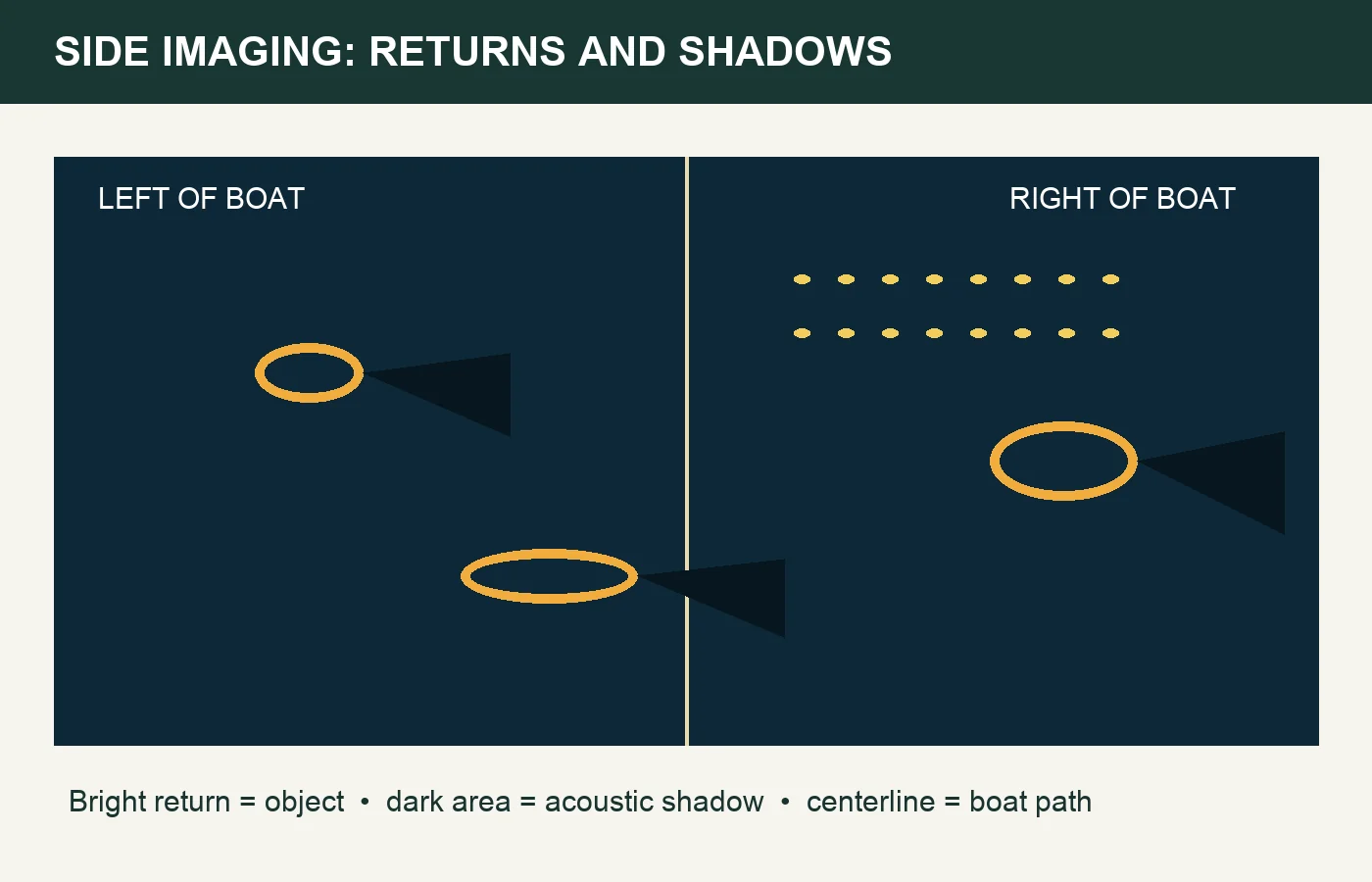 Diagram explaining bright side-imaging returns, acoustic shadows, baitfish marks, and the boat centerline